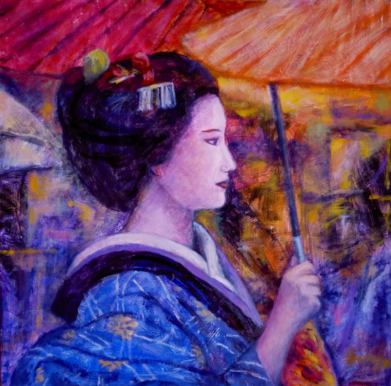 Geisha con paraguas rojo