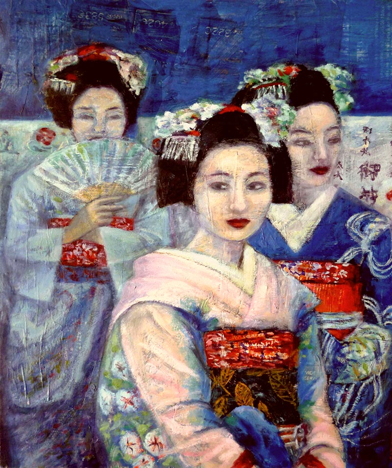 Pintora Elisa Campos - geishas fondo azul