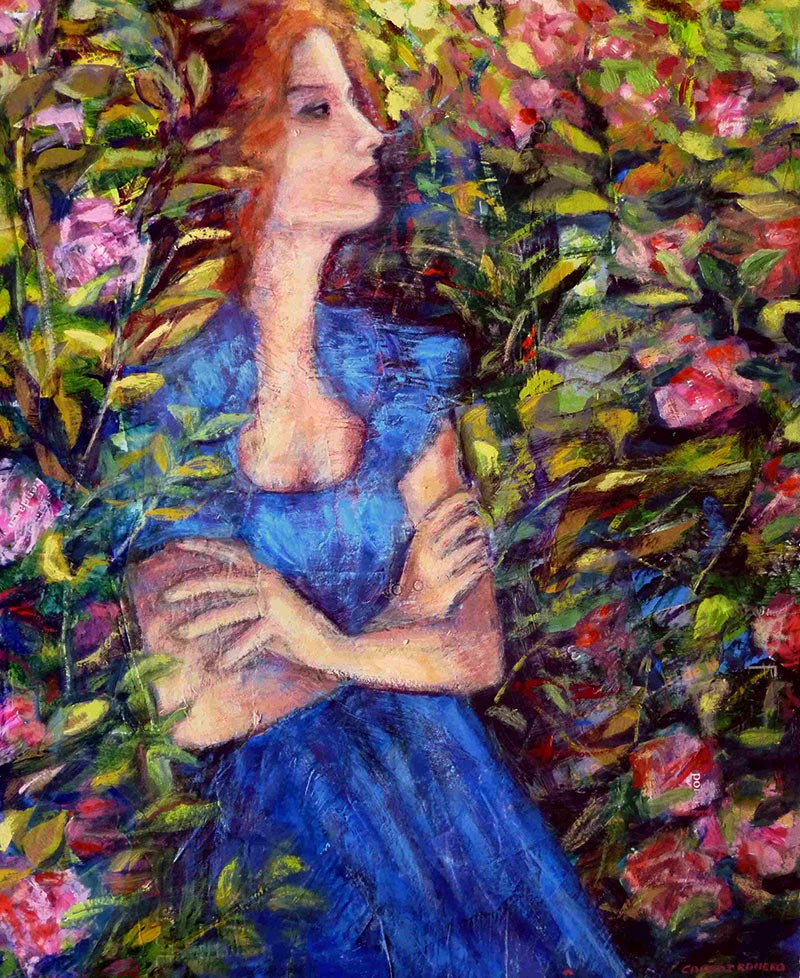 Pintora Elisa Campos - De azul en el jardín